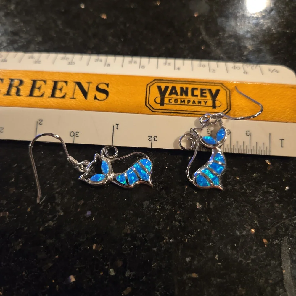 Created Blue Opaline Cat Earrings Sterling Silver Kitty Stylized Dangle …